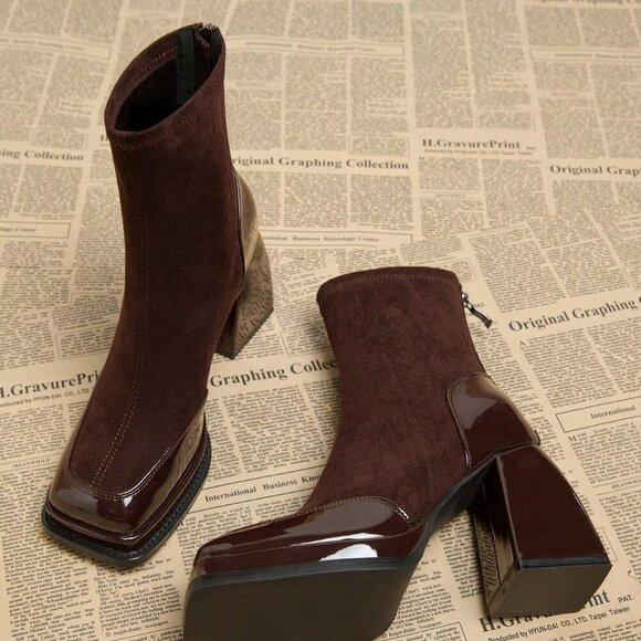 Burgundy Elegant Women's Waterproof Platform High Heel Boots - Picture 1 of 5